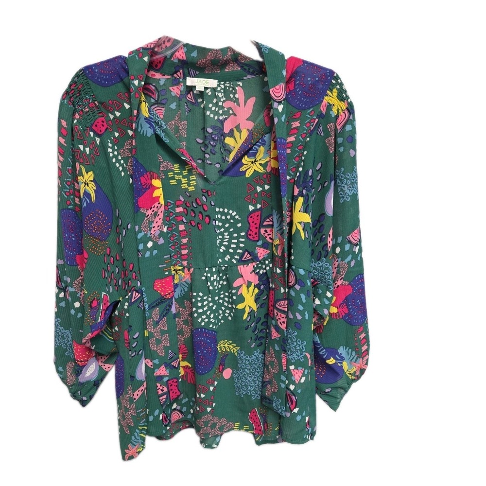 Jade Melody Tam Puff Sleeve Tie Neck XL Green Graphic Print Babydoll Blouse